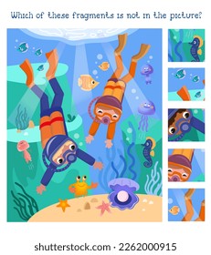 Fragmente finden. Erzieherisches Puzzlespiel für Kinder. Taucher mit Meerestieren unter Wasser. Cartoon-Illustration. Vektorbild, Szene. 