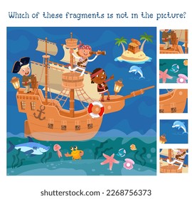 Find fragments. Educational puzzle game for children. Wooden old ship with sails and cannons. Cute pirates and sea creatures. Color illustration. 