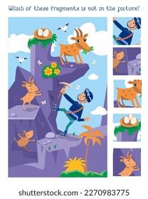 Find fragments. Educational puzzle game for children. Cute characters, funny animals and boy, nature landscape. Vector illustration. Mountain and climber. 