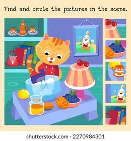 Fragmente finden. Erzieherisches Puzzlespiel für Kinder. Kätzchen, die Kuchen backen. Cartoon Katze Charakter in der Küche. Vektorgrafik.