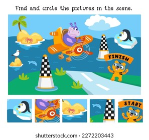 Find fragments. Educational puzzle game for children. Cute hippo in plane. Cartoon character. Vector illustration. Transport and air racing. 