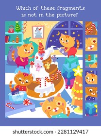 Find fragments. Educational puzzle game for children. Cute kittens making cake. Cartoon cat characters in kitchen on Christmas. Vector illustustratuon.