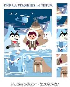 Find fragments. Game for children. Cute little girl and animals of North. Cartoon character vector illustration.