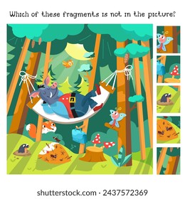 Find fragments in picture. Educational game for kids. Cartoon wild boar on hammock in forest. Cute animal characters in flat style. Vector flat illustration on background. Scene for design