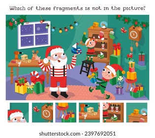 Find fragments in the picture. Educational puzzle game for children.  Cute Santa and Elves making gifts for children. Christmas workshop. Winter Christmas holidays. Vector illustration.