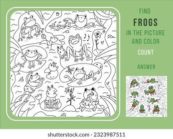 Find the frogs and color, count. Game for Children. Puzzle Hidden objects. Black and white outline for coloring. Funny cartoon characters, animals. Vector illustration.
