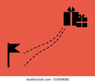 Find a gift. Flag with dotted line and surprise. Flat style.