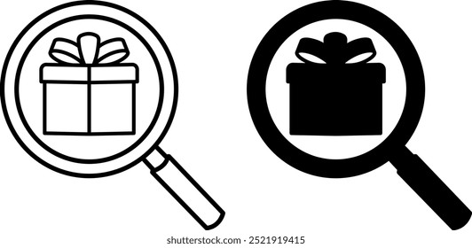 Find Gift Icons. Black and White Vector Icons. Magnifying Glass and Gift Box. Holiday and Shopping Concept
