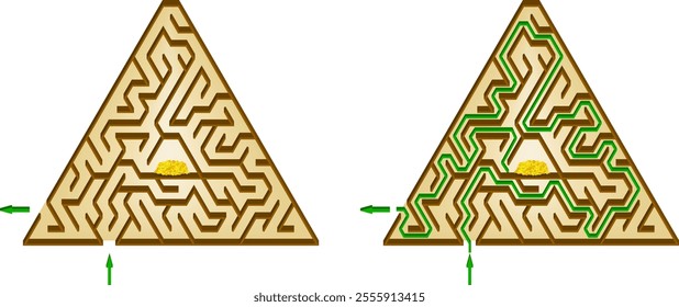 Find a gold treasure inside the Egyptian pyramid. Cartoon style isometric triangular maze. Pyramid of Egypt colorful not hard labyrinth with solution.
