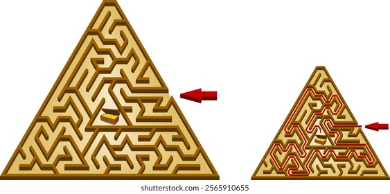 Find a gold treasure inside the Egyptian pyramid. Cartoon style isometric triangular maze. Pyramid of Egypt colorful not hard labyrinth with solution.
