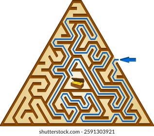 Find a gold treasure inside the Egyptian pyramid. Cartoon style isometric triangular maze. Pyramid of Egypt colorful not hard labyrinth with solution.
