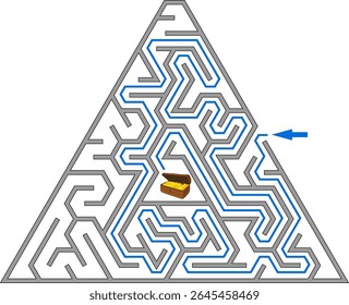 Find a gold treasure inside the Egyptian pyramid. Pyramid of Egypt like triangular maze. Easy labyrinth with solution.
