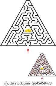 Find a gold treasure inside the Egyptian pyramid. Pyramid of Egypt like triangular maze. Easy labyrinth with solution.
