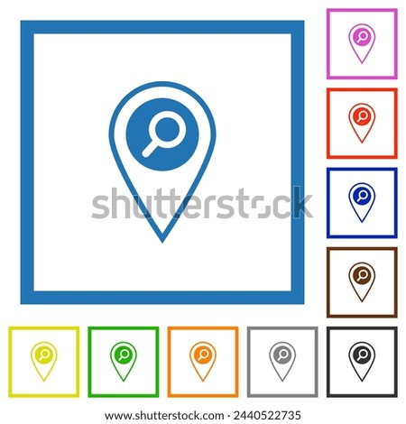 Find GPS location flat color icons in square frames on white background