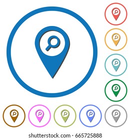 Find GPS map location flat color vector icons with shadows in round outlines on white background