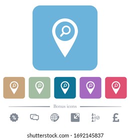 Find GPS map location white flat icons on color rounded square backgrounds. 6 bonus icons included
