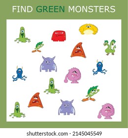 Find the green monster character among others. Looking for green. Logic game for children.
