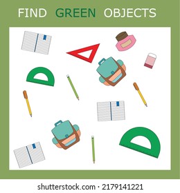 Find the  green stationery for school character among others. Looking for green. Logic game for children.
