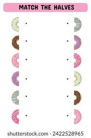 Find the half and connect. An educational game for preschoolers with donuts. Printable sheet. Vector illustration