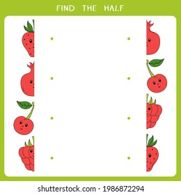 Find the half for fruits. Vector worksheet of simple educational game for kids