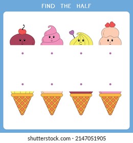 Find the half for ice cream. Worksheet of simple educational game for kids. Vector worksheet