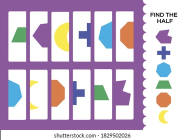 Find the half for shapes. Simple educational game for kids. Education game for preschool.Kids activity flashcard. Geometric shapes set to find the second half. Game to compare and connect. Purple.