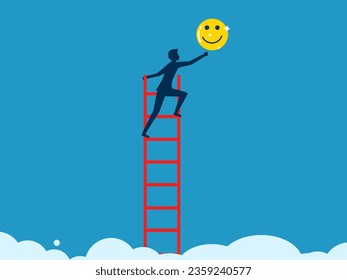 Find happiness. Businessman climbing a ladder to grab the optimistic icon