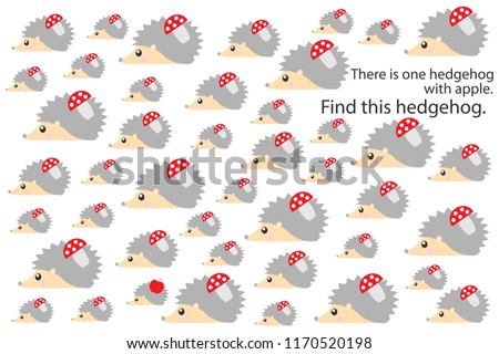 Find hedgehog with apple, fun education puzzle game with autumn theme for children, preschool worksheet activity for kids, task for the development of logical thinking and mind, vector illustration