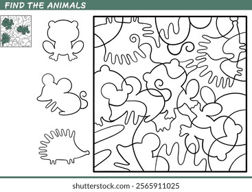 Find the hidden animals. Shadow Game for kids. Puzzle with hidden objects. Vector illustration. Contour and color.