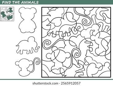 Find the hidden animals. Shadow Game for kids. Puzzle with hidden objects. Vector illustration. Contour and color.