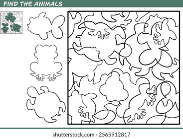 Find the hidden animals. Shadow Game for kids. Puzzle with hidden objects. Vector illustration. Contour and color.