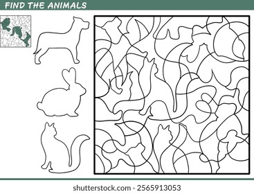 Find the hidden animals. Shadow Game for kids. Puzzle with hidden objects. Vector illustration. Contour and color.