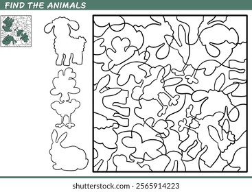 Find the hidden animals. Shadow Game for kids. Puzzle with hidden objects. Vector illustration. Contour and color.