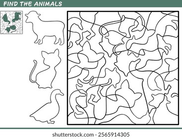 Find the hidden animals. Shadow Game for kids. Puzzle with hidden objects. Vector illustration. Contour and color.