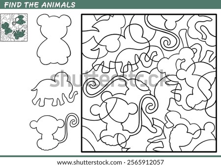 Find the hidden animals. Shadow Game for kids. Puzzle with hidden objects. Vector illustration. Contour and color.