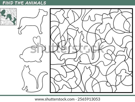 Find the hidden animals. Shadow Game for kids. Puzzle with hidden objects. Vector illustration. Contour and color.