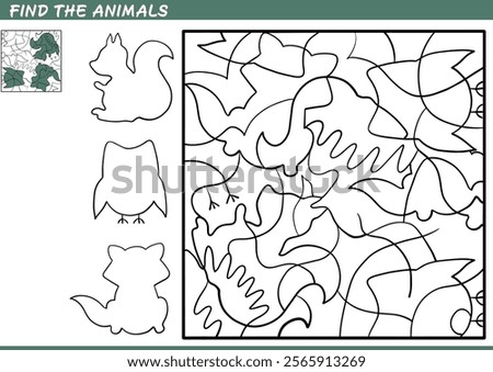Find the hidden animals. Shadow Game for kids. Puzzle with hidden objects. Vector illustration. Contour and color.