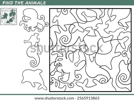 Find the hidden animals. Shadow Game for kids. Puzzle with hidden objects. Vector illustration. Contour and color.