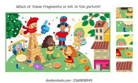 Find the hidden fragments. Educational game puzzle for kids. Group of fans of different nationalities. Vector cartoon illustration. Funny people in Paris. 