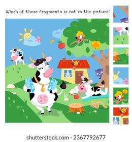 Buscar los fragmentos ocultos. Juego educativo para los niños. Animales en la granja. Personajes de caricatura. Cute vacas divertidas camina y lee un libro. Ilustración vectorial.