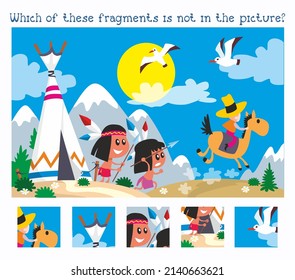 Find hidden fragments. Game for children. Cowboy and Indians near wigwam. Cartoon character vector illustration.