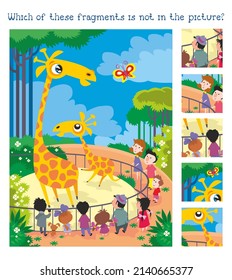 Find hidden fragments. Game for children. Children and adults watch giraffes at zoo. Cartoon character vector illustration.