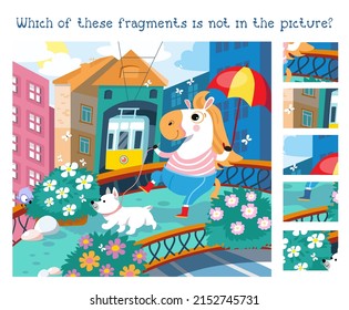 Find hidden fragments. Game for children. Cute horse with dog in city. Vector illustration of cartoon characters.