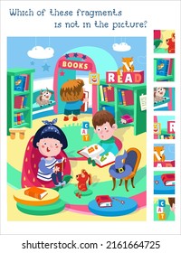 Find hidden fragments. Game for children. Cute children read books. Vector illustrations, full color. 