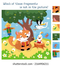 Find hidden fragments. Game for children. Fox read book, chicken blow on dandelion. Vector color illustration. 