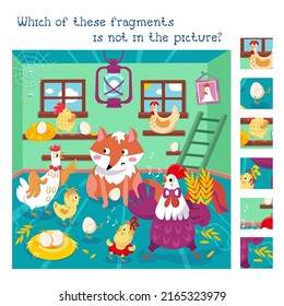 Find Hidden Fragments. Game For Children. Funny Family Of Rooster And Hen With Fox In Chicken Coop. Vector Color Illustration.