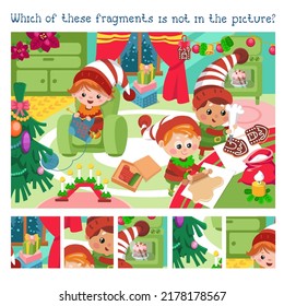 Find hidden fragments. Game for children. Cute elves and Christmas. Characters in cartoon style. Vector illustration.