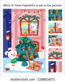 Find the hidden fragments. Game for children. Cute mother rabbit carries Christmas cake. Little bunny girl decorates Christmas tree. Characters and background in cartoon style. Vector illustration.