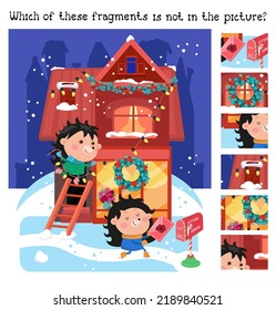 Find the hidden fragments. Game for children. Cute forest animals prepare for Christmas. Winter scene in cartoon style. Vector illustration.