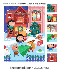 Find the hidden fragments. Game for children. Cute forest animals prepare for Christmas. Winter scene in cartoon style. Vector illustration.